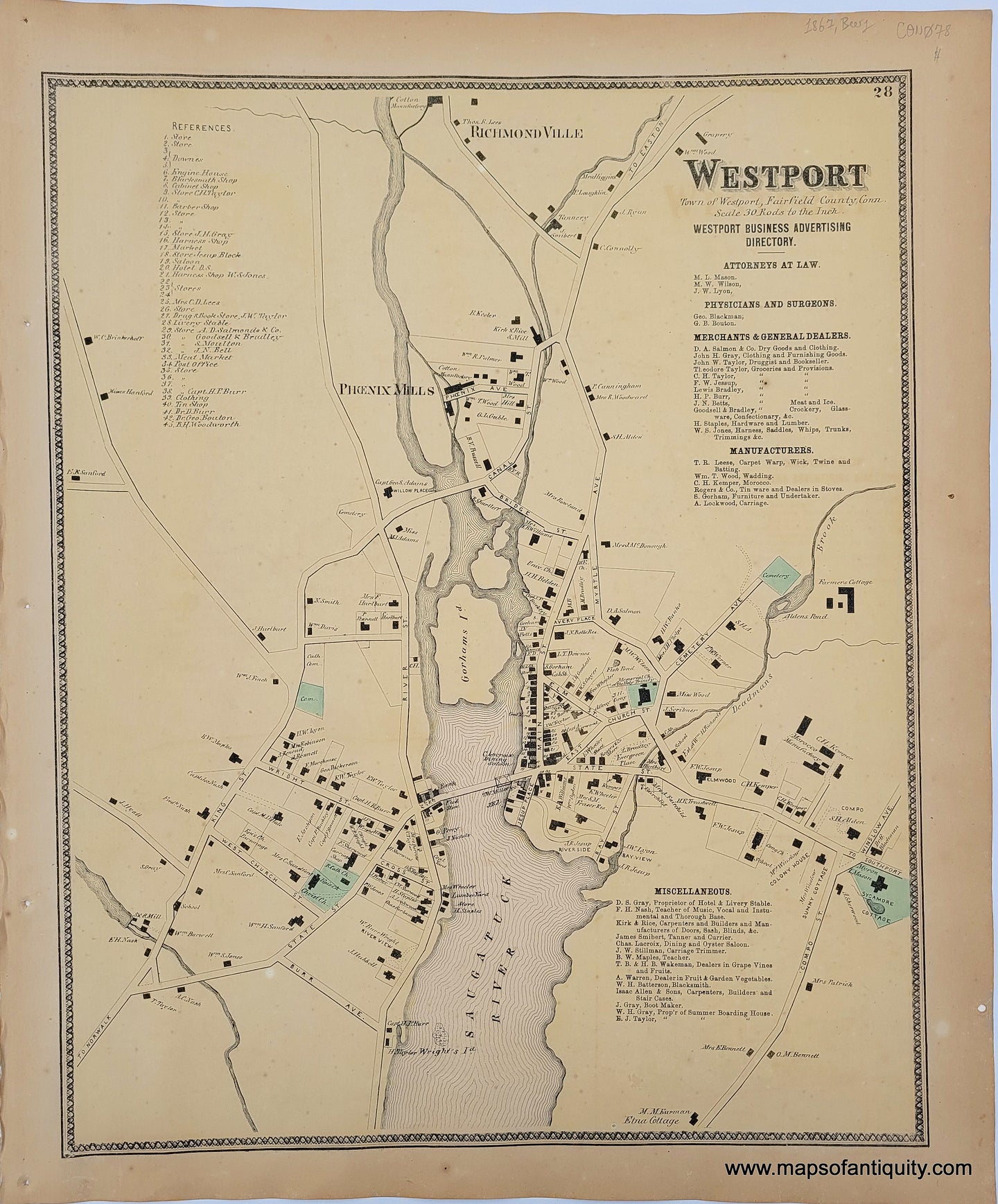 Antique-Map-Westport-Connecticut-Connecticut-CT-1867-Beers-1860s-1800s-19th-century-Maps-of-Antiquity