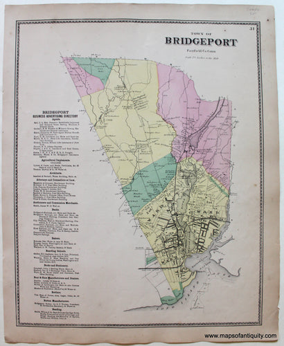 Antique-Map-Town-of-Bridgeport-Connecticut-CT-1867-Beers-1860s-1800s-19th-century-Maps-of-Antiquity