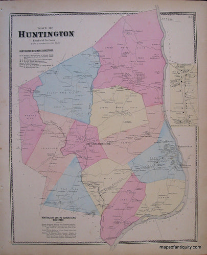 Antique-Map-Town-of-Huntington-Connecticut-CT-1867-Beers-1860s-1800s-19th-century-Maps-of-Antiquity