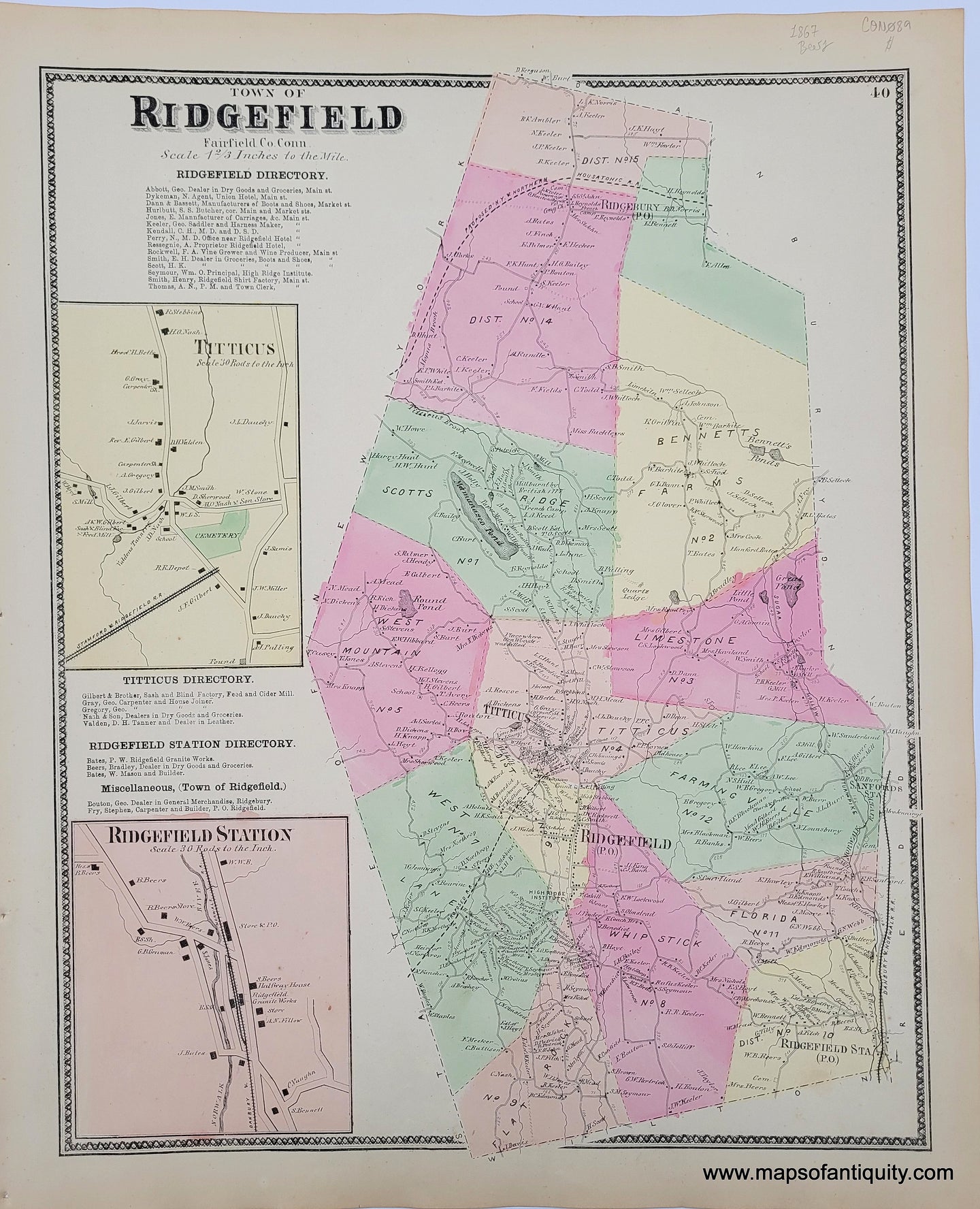 Antique-Hand-Colored-Map-Town-of-Ridgefield/Titticus/Ridgefield-Station-(CT)-******-United-States-Northeast-1867-Beers-Maps-Of-Antiquity
