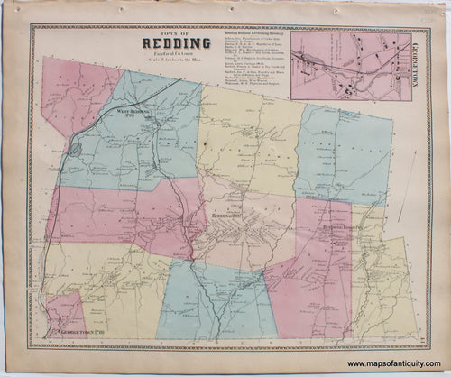 Antique-Hand-Colored-Map-Town-of-Redding-(CT)-United-States-Northeast-1867-Beers-Maps-Of-Antiquity