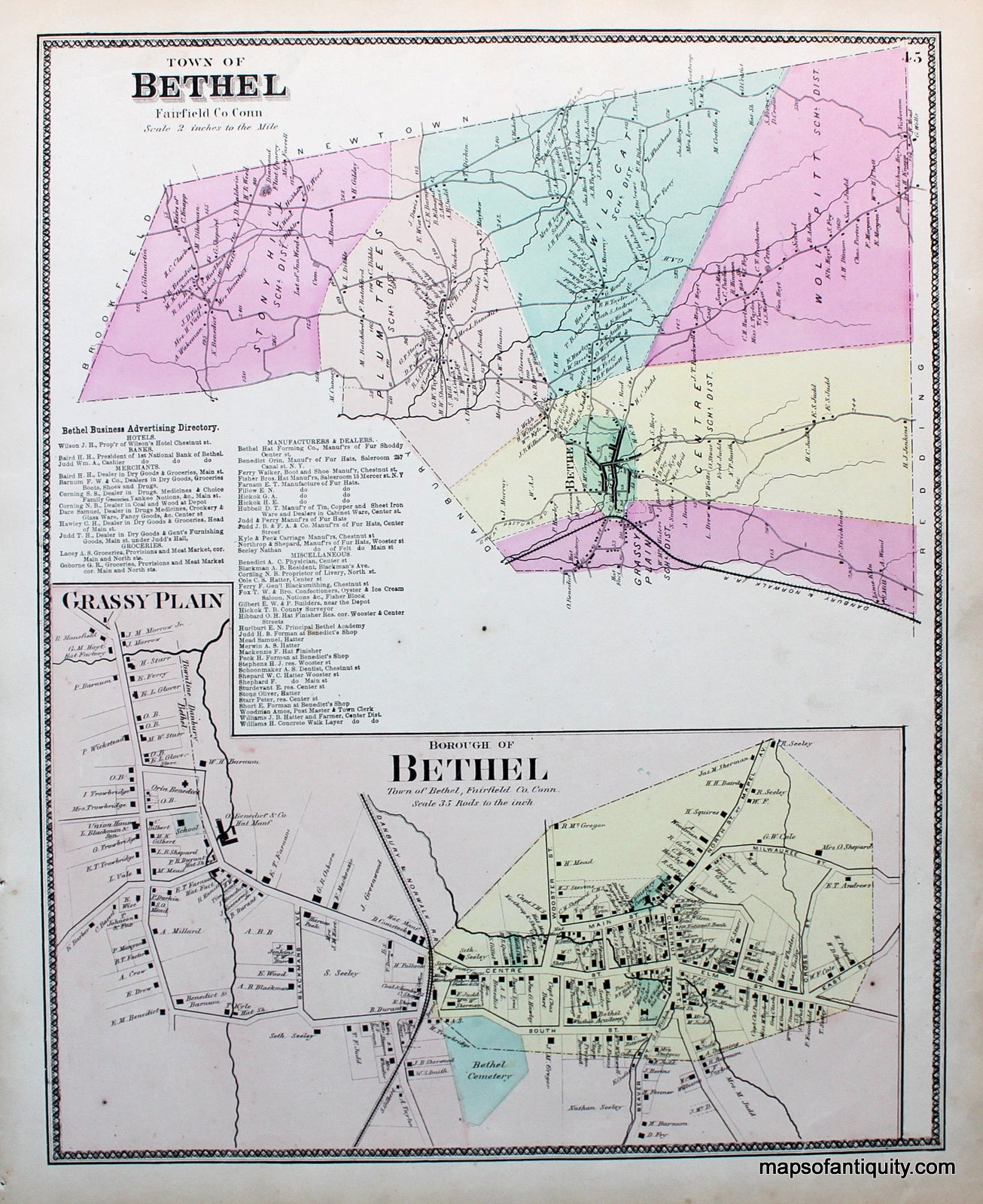 Antique-Hand-Colored-Map-Town-of-Bethel/Borough-of-Bethel-(CT)-United-States-Northeast-1867-Beers-Maps-Of-Antiquity