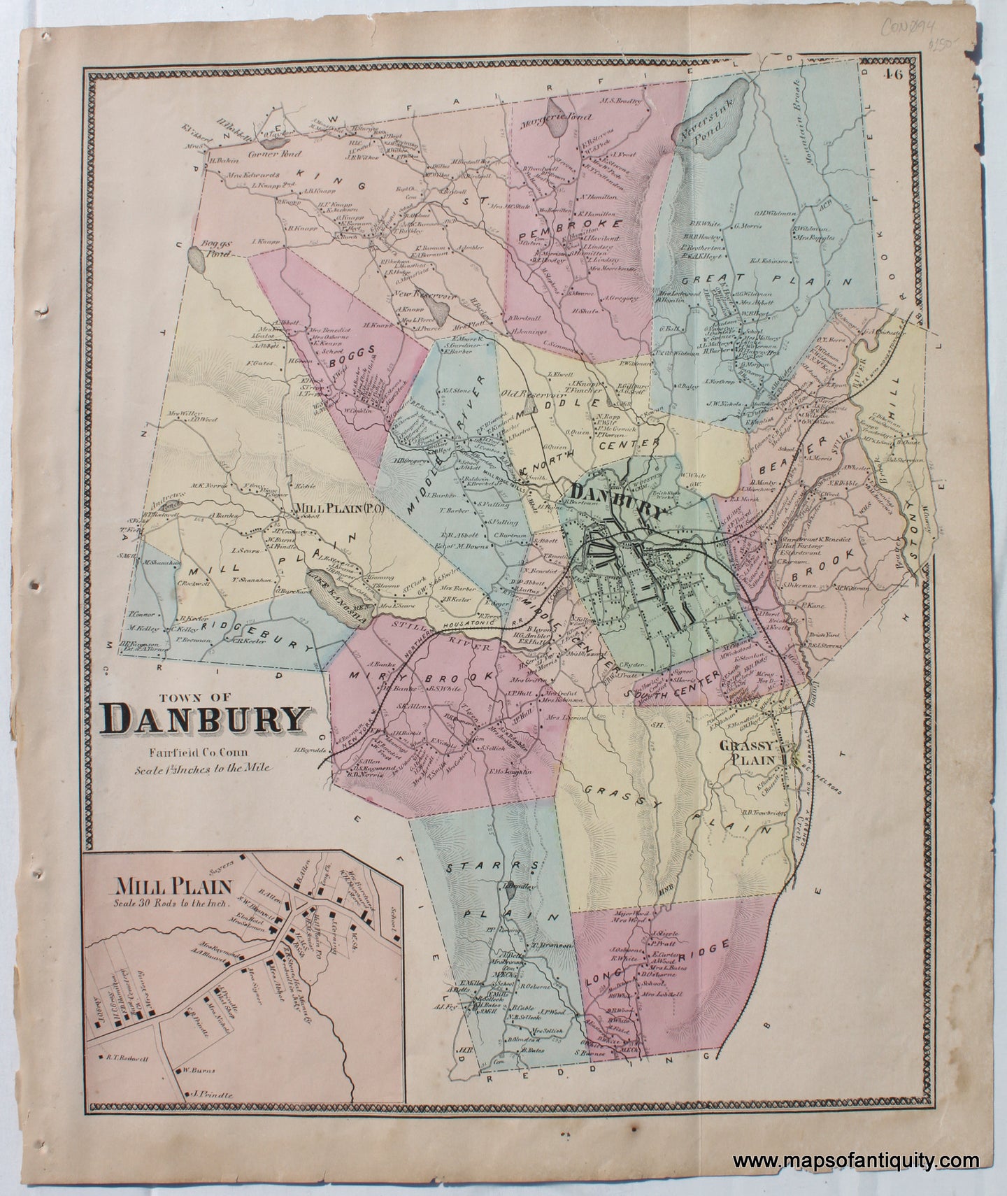 Antique-Hand-Colored-Map-Town-of-Danbury/Mill-Plain-(CT)-United-States-Northeast-1867-Beers-Maps-Of-Antiquity