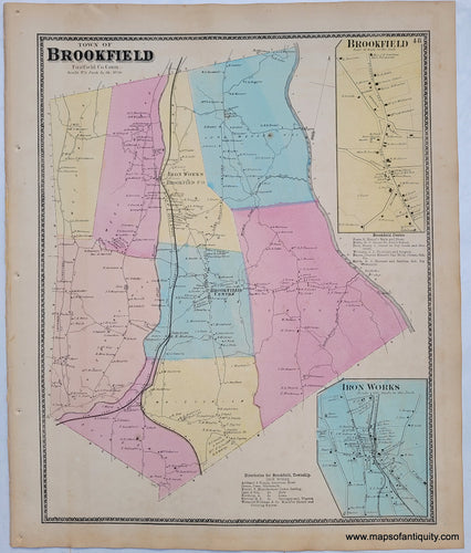 Antique-Map-Town-of-Brookfield-Brookfield-Iron-Works-Connecticut-CT-1867-Beers-1860s-1800s-19th-century-Maps-of-Antiquity