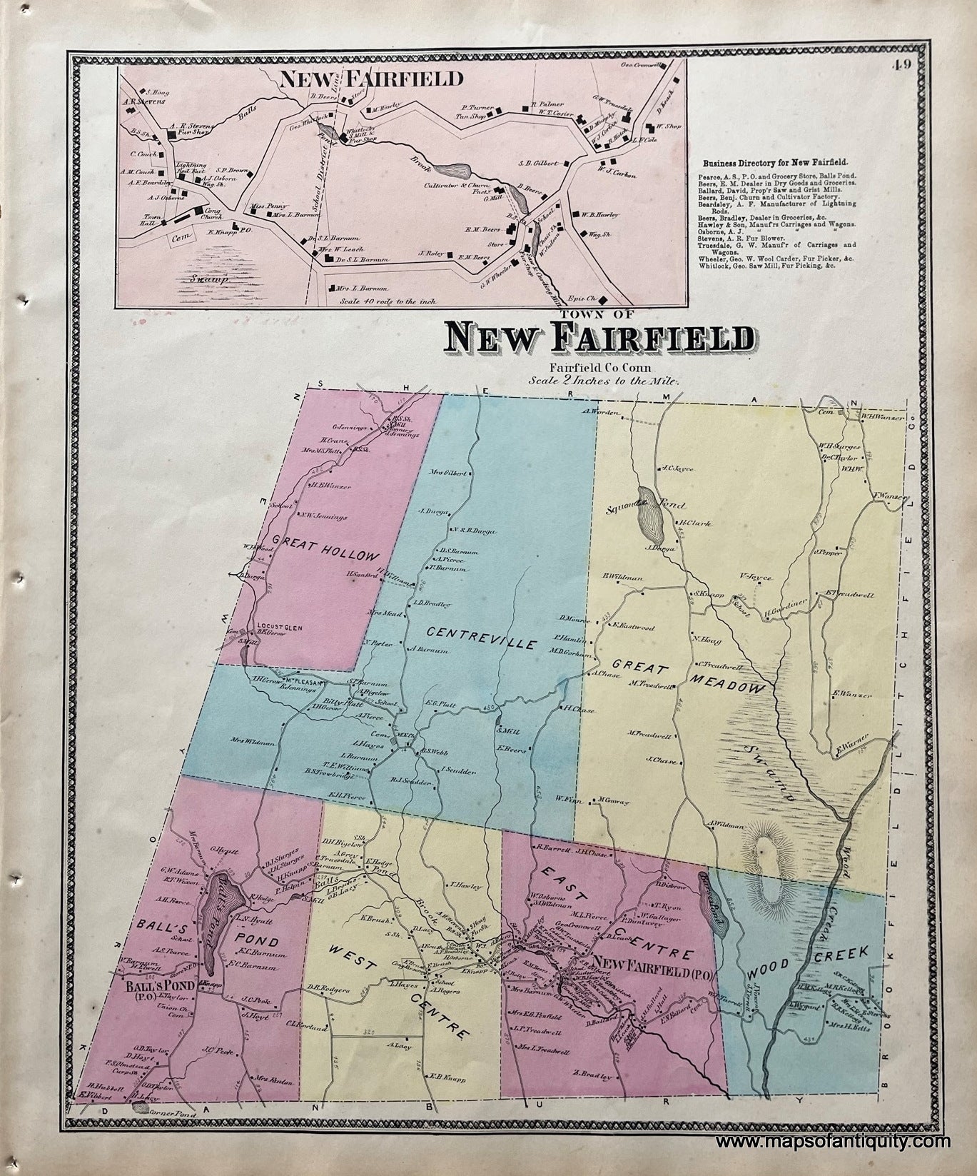 Antique-Hand-Colored-Map-Town-of-New-Fairfield-(CT)-United-States-Northeast-1867-Beers-Maps-Of-Antiquity