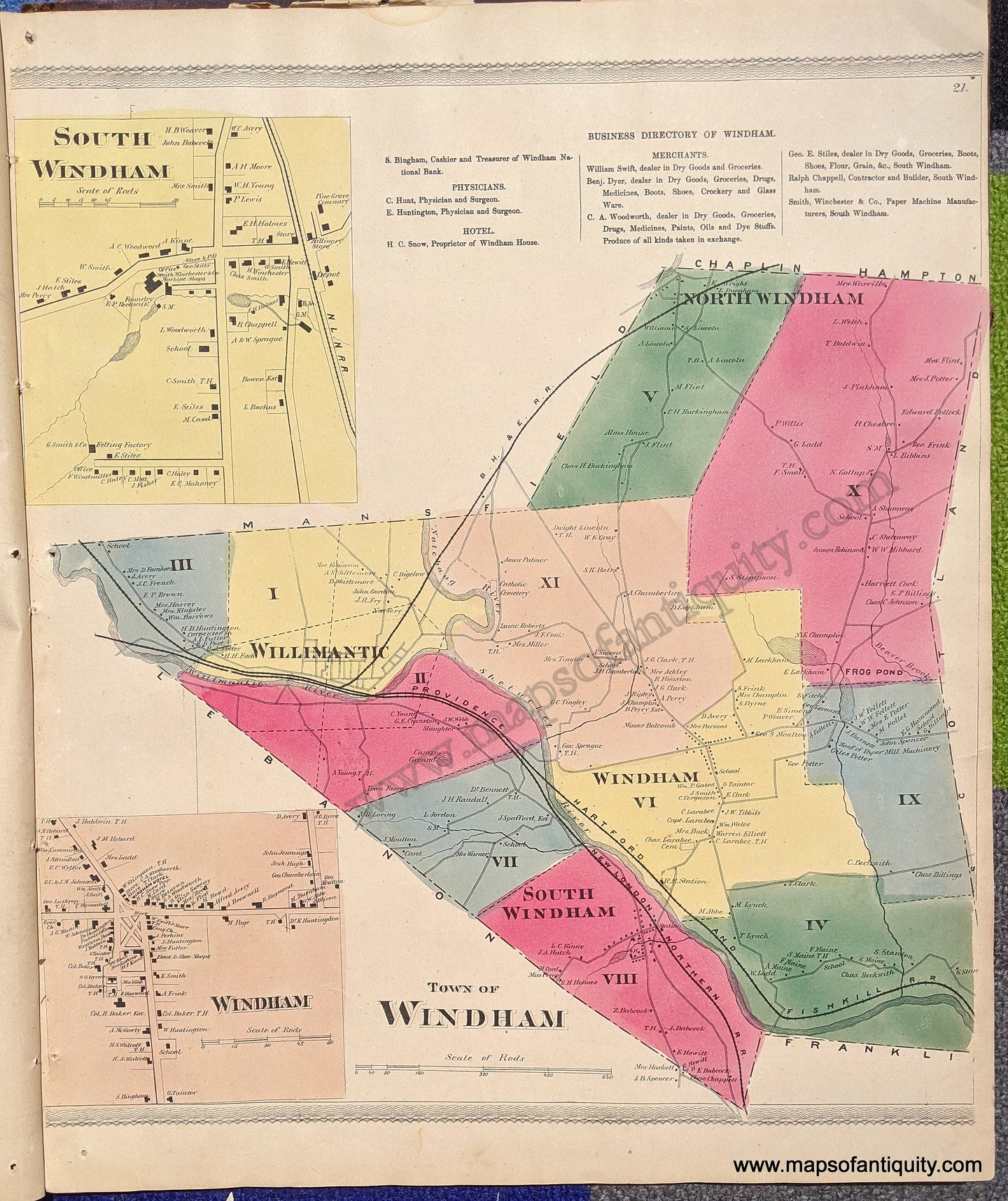 Antique-Hand-Colored-Map-Town-of-Windham-(CT)--United-States-Northeast-1869-Gray/Keeney-Maps-Of-Antiquity