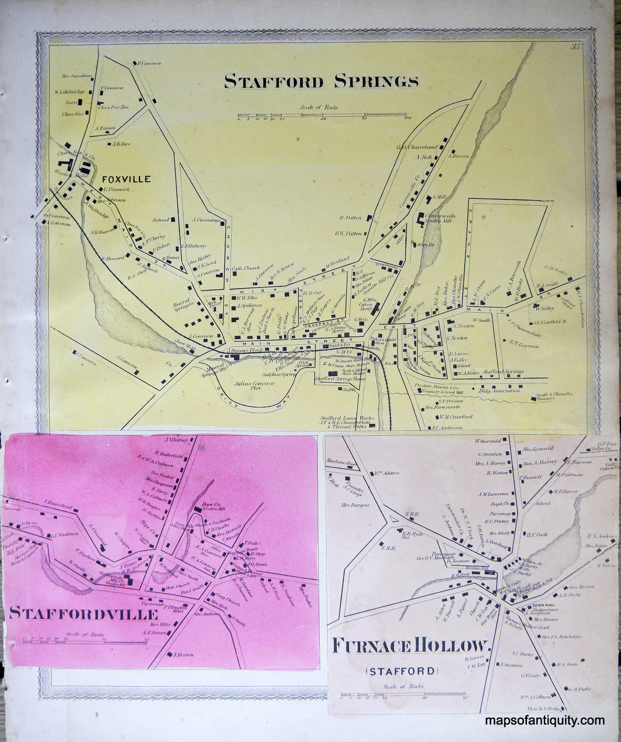 Antique-Hand-Colored-Map-Stafford-Springs-Staffordville-Furnace-Hollow-(CT)-United-States-Northeast-1869-Gray/Keeney-Maps-Of-Antiquity