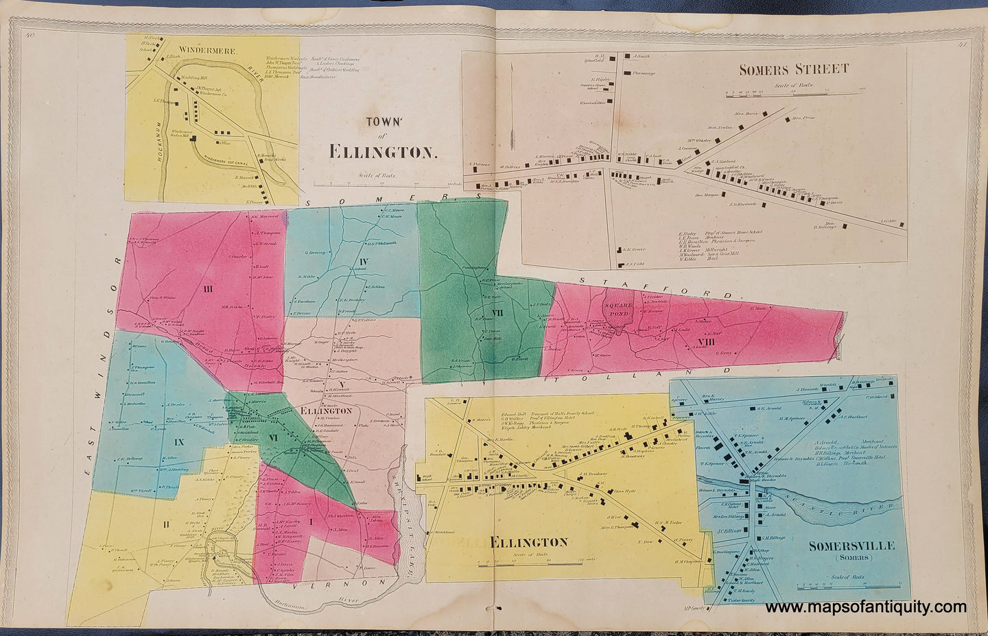 Antique-Hand-Colored-Map-Ellington-Windermere-Somersville-Somers-Street-CT-Connecticut-United-States-Northeast-1869-Gray/Keeney-Maps-Of-Antiquity
