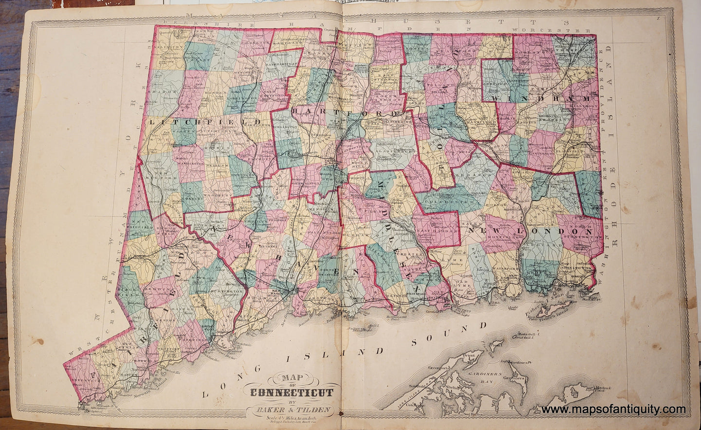 Antique-Hand-Colored-Map-Map-of-Connecticut-by-Baker-&-Tilden-Connecticut-Northeast-1869-Baker-&-Tilden-Maps-Of-Antiquity