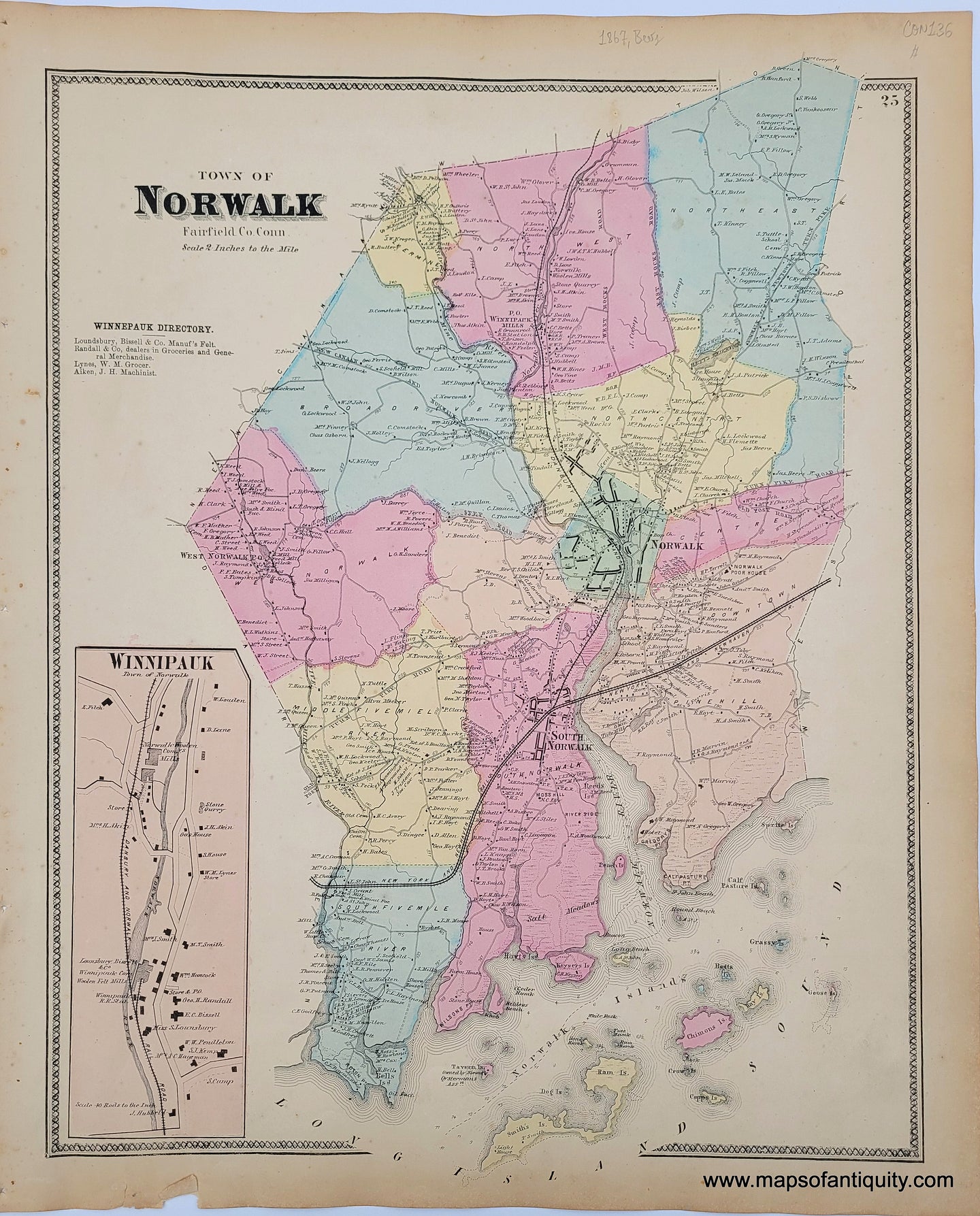 Antique-Map-Norwalk-Fairfield-County-Winnipauk-Connecticut-CT-1867-Beers-1860s-1800s-19th-century-Maps-of-Antiquity