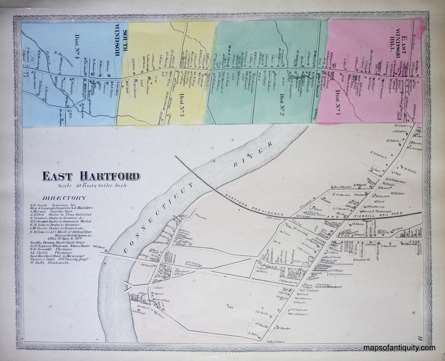 Antique-Hand-Colored-Map-East-Hartford-(CT)-United-States-Northeast-1869-Baker-&-Tilden-Maps-Of-Antiquity