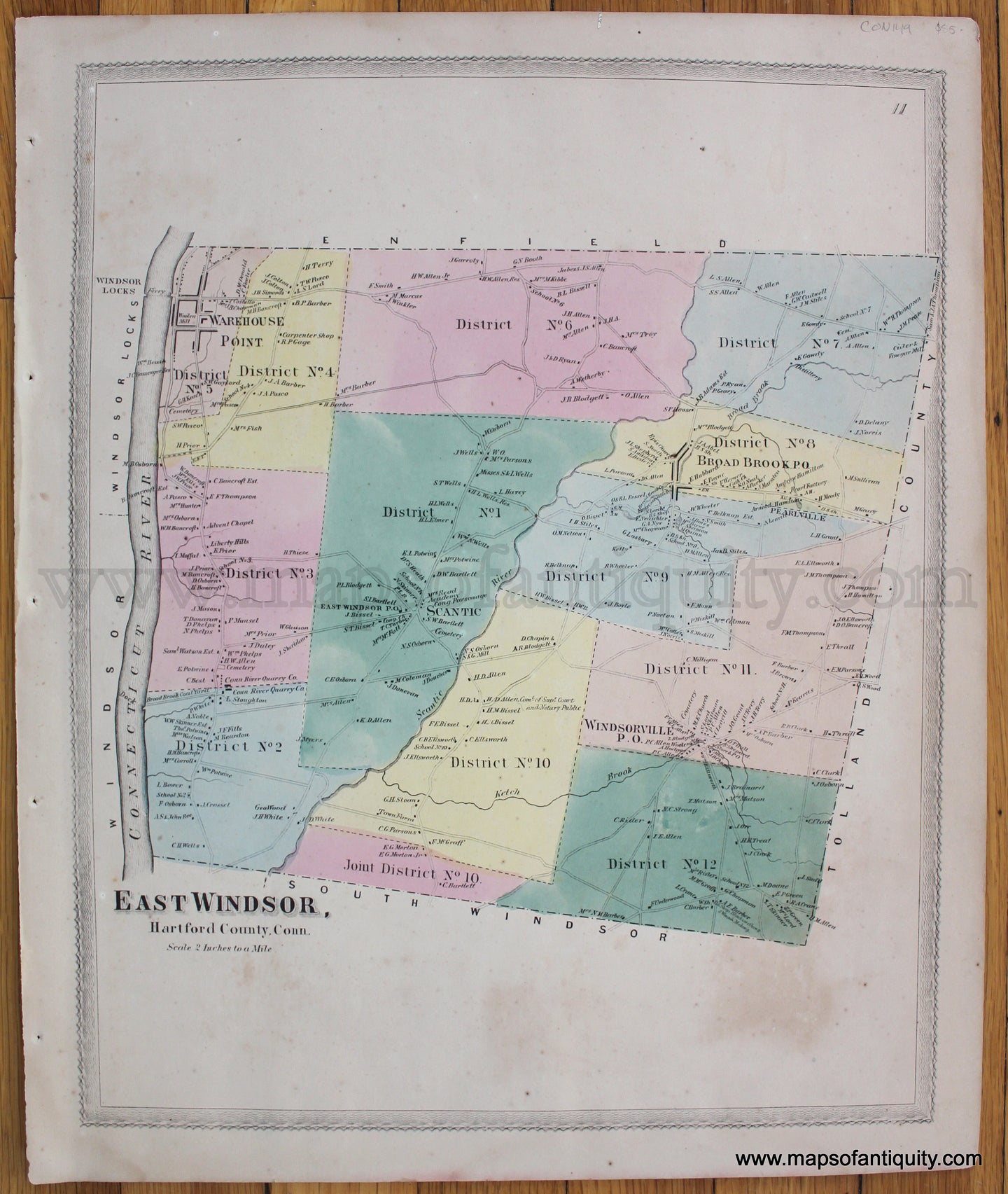 Antique-Hand-Colored-Map-East-Windsor-(CT)--United-States-Northeast-1869-Baker-&-Tilden-Maps-Of-Antiquity