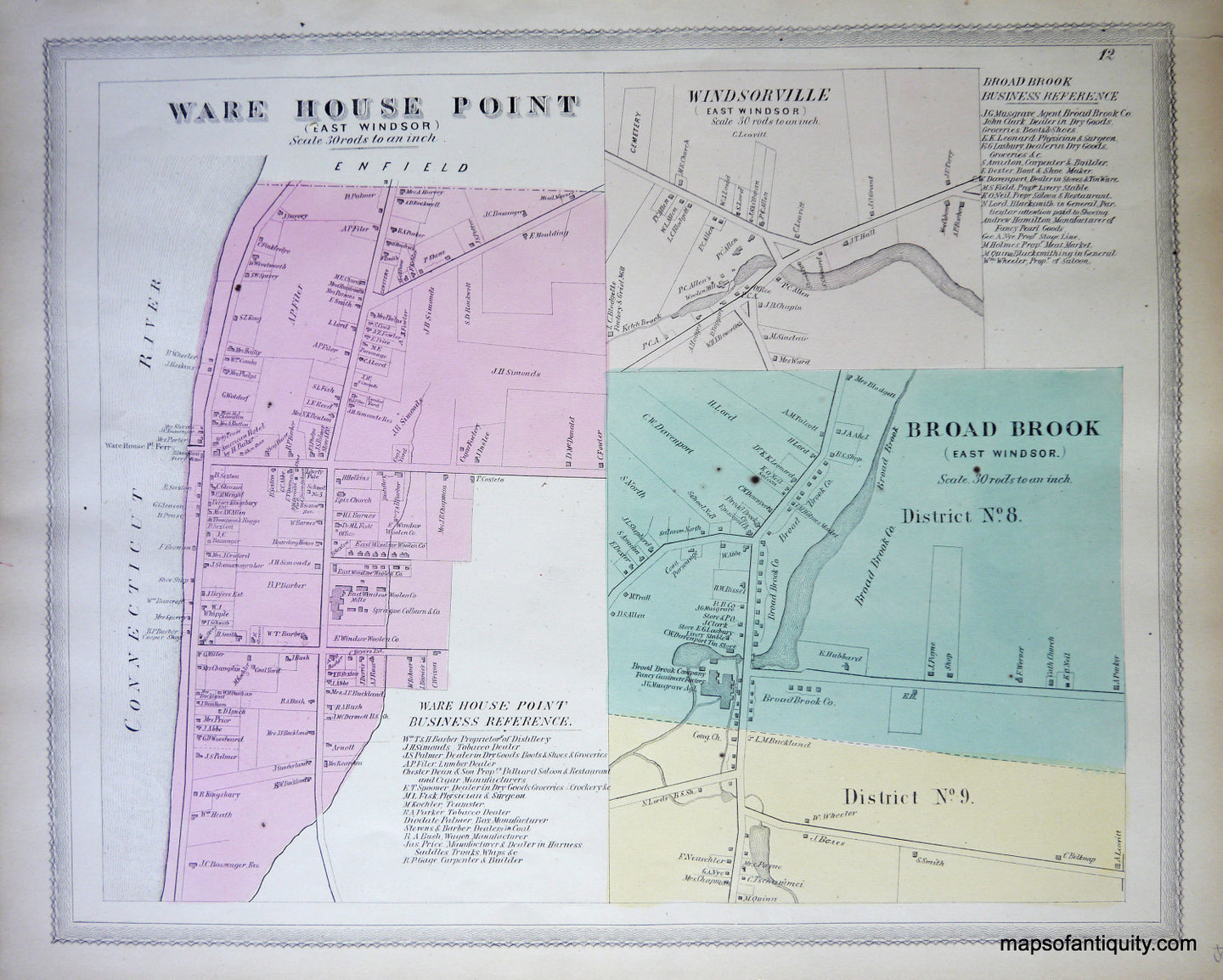 Antique-Hand-Colored-Map-Ware-House-Point-(CT)-United-States-Northeast-1869-Baker-&-Tilden-Maps-Of-Antiquity