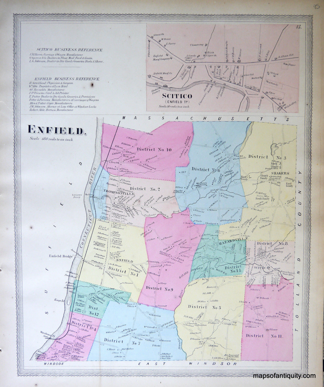 Antique-Hand-Colored-Map-Enfield.-(CT)-United-States-Northeast-1869-Baker-&-Tilden-Maps-Of-Antiquity