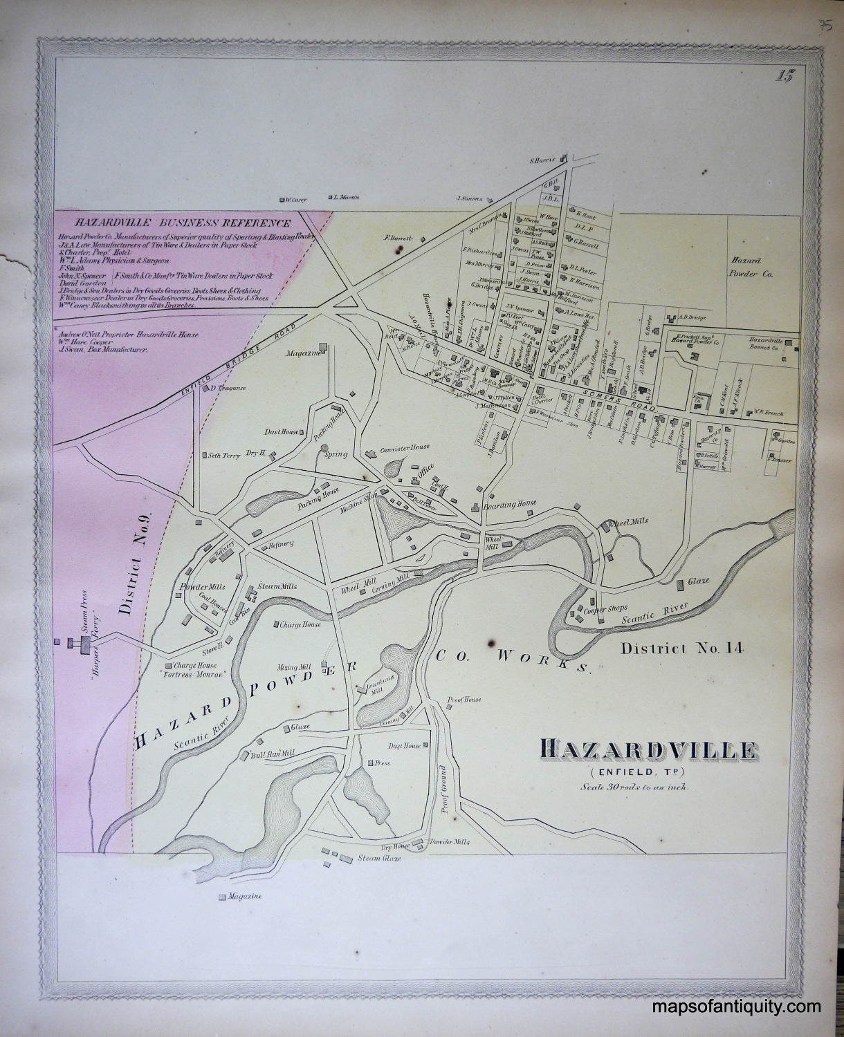 Antique-Hand-Colored-Map-Hazardville-(CT)-United-States-Northeast-1869-Baker-&-Tilden-Maps-Of-Antiquity