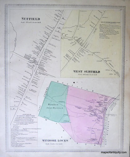 Antique-Hand-Colored-Map-Suffield-West-Suffield-Windsor-Locks-(CT)-United-States-Northeast-1869-Baker-&-Tilden-Maps-Of-Antiquity