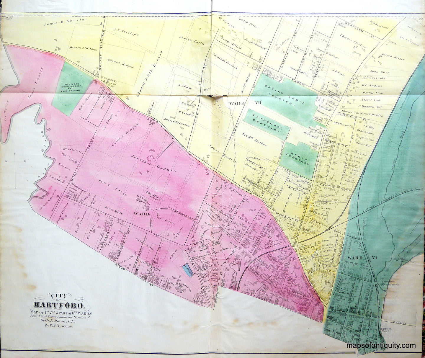 Antique-Hand-Colored-Map-City-of-Hartford-Map-of-1st-7th-and-Part-of-6th-Wards-(CT)-United-States-Northeast-1869-Baker-&-Tilden-Maps-Of-Antiquity