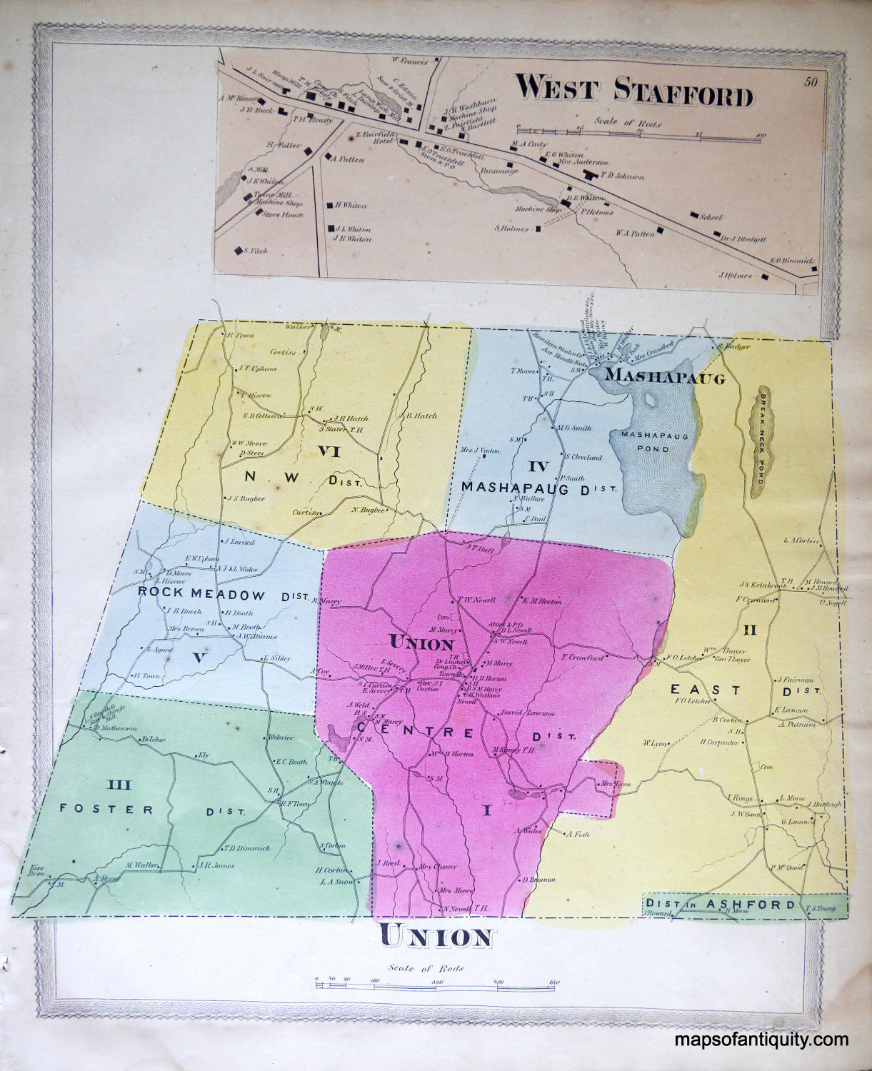 Antique-Hand-Colored-Map-Union-West-Stafford-(CT)-United-States-Northeast-1869-Gray/Keeney-Maps-Of-Antiquity