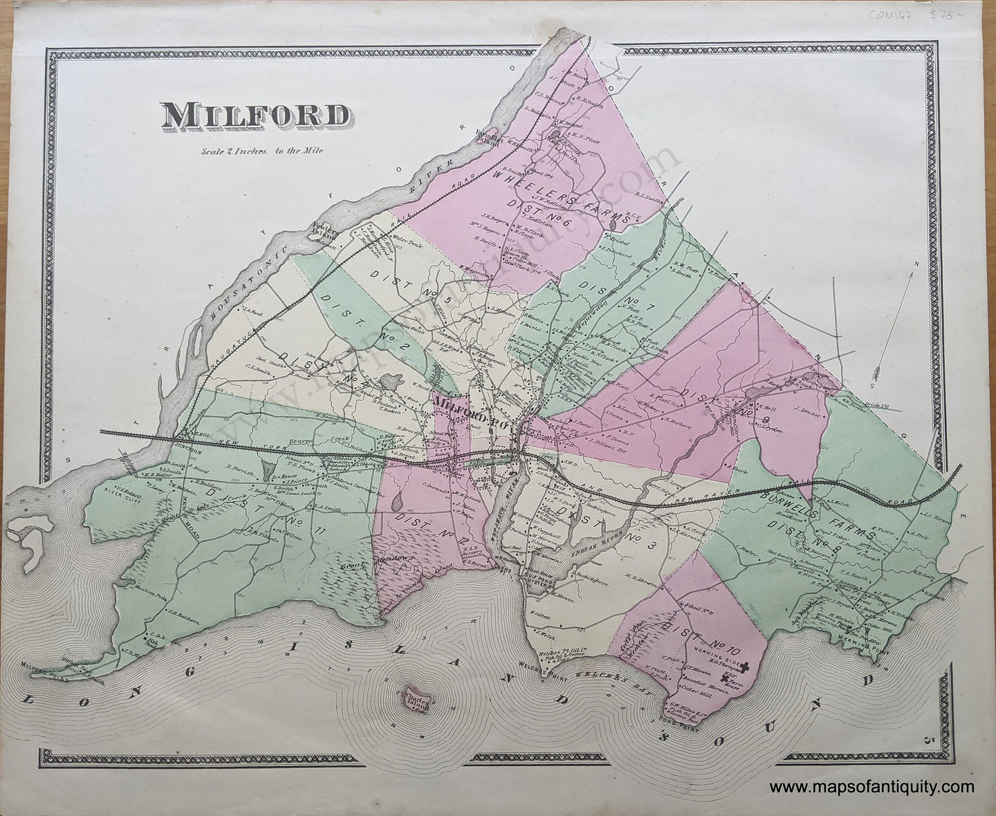 Antique-Hand-Colored-Map-Milford-(CT)-Connecticut-Towns--1868-Beers-Maps-Of-Antiquity
