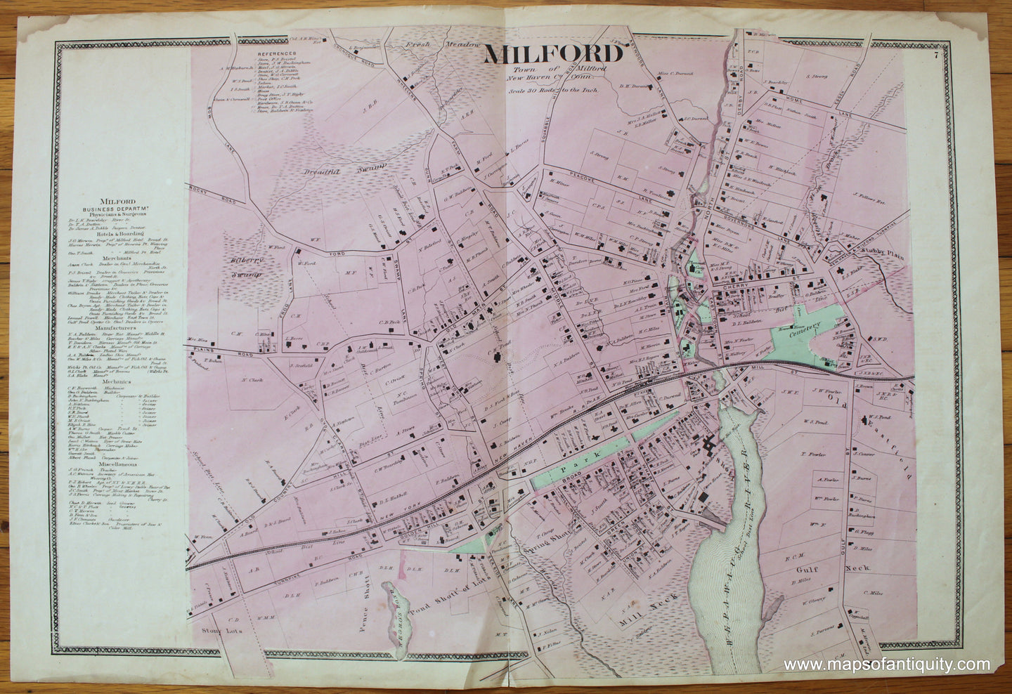 Antique-Hand-Colored-Map-Milford--(CT)-Connecticut-Towns--1868-Beers-Maps-Of-Antiquity