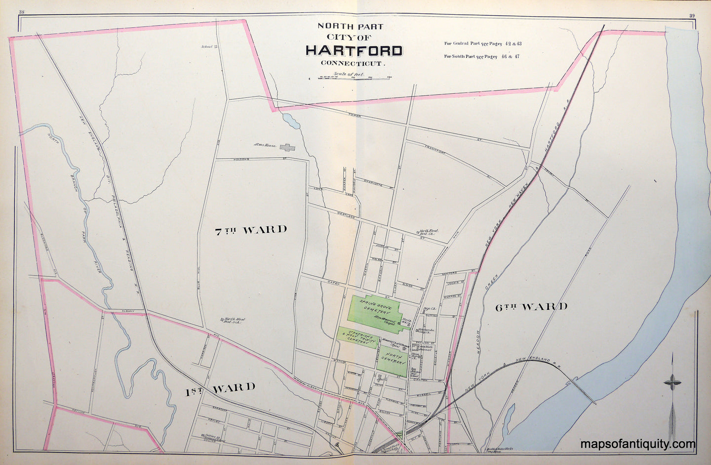 Antique-Hand-Colored-Map-North-Part-City-of-Hartford-Connecticut-Connecticut--1893-D.H.-Hurd-Maps-Of-Antiquity