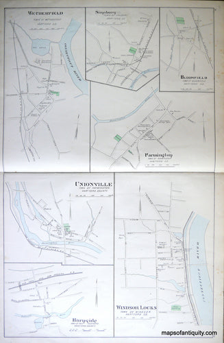 Antique-Hand-Colored-Map-Wetherfield-Unionville-Windsor-Locks-Simsbury-etc.-(CT)-Connecticut--1893-D.H.-Hurd-Maps-Of-Antiquity