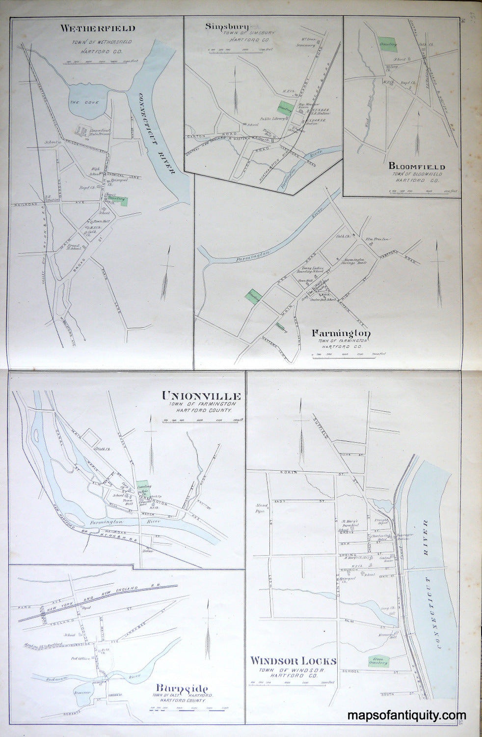 Antique-Hand-Colored-Map-Wetherfield-Unionville-Windsor-Locks-Simsbury-etc.-(CT)-Connecticut--1893-D.H.-Hurd-Maps-Of-Antiquity