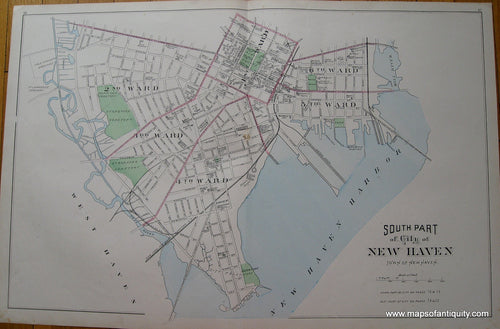 Antique-Hand-Colored-Map-South-Part-of-the-City-of-New-Haven-(CT)-Connecticut--1893-D.H.-Hurd-Maps-Of-Antiquity