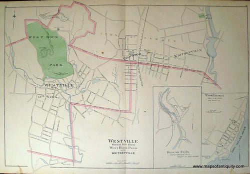 Antique-Hand-Colored-Map-Westville-Ward-13-New-Haven-West-Rock-Park-and-Whitneyville-(CT)-****-Connecticut--1893-D.H.-Hurd-Maps-Of-Antiquity