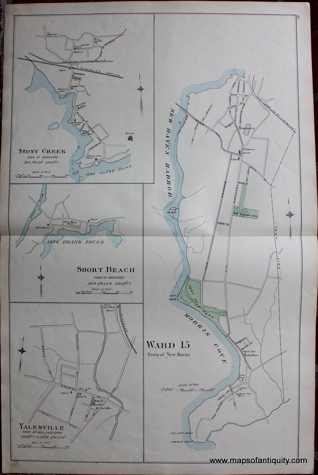 Antique-Hand-Colored-Map-Ward-15-Town-of-New-Haven-Yalesville-Town-of-Wallingford-Short-Beach-Stony-Creek-etc.-(CT)-Connecticut--1893-D.H.-Hurd-Maps-Of-Antiquity