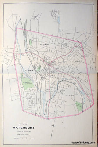 Antique-Hand-Colored-Map-City-of-Waterbury-on-reverse-South-Part-of-the-City-of-Meridien-(CT)-Connecticut--1893-D.H.-Hurd-Maps-Of-Antiquity