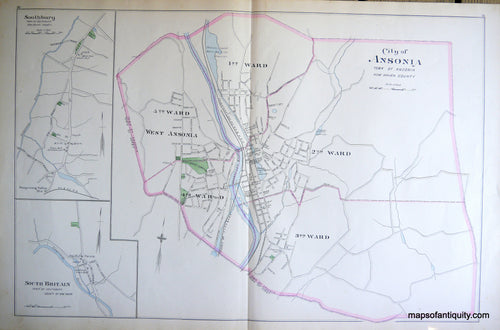 Antique-Hand-Colored-Map-City-of-Ansonia-verso-Guilford-Seymour-East-River-&-Madison-(CT)-Connecticut--1893-D.H.-Hurd-Maps-Of-Antiquity