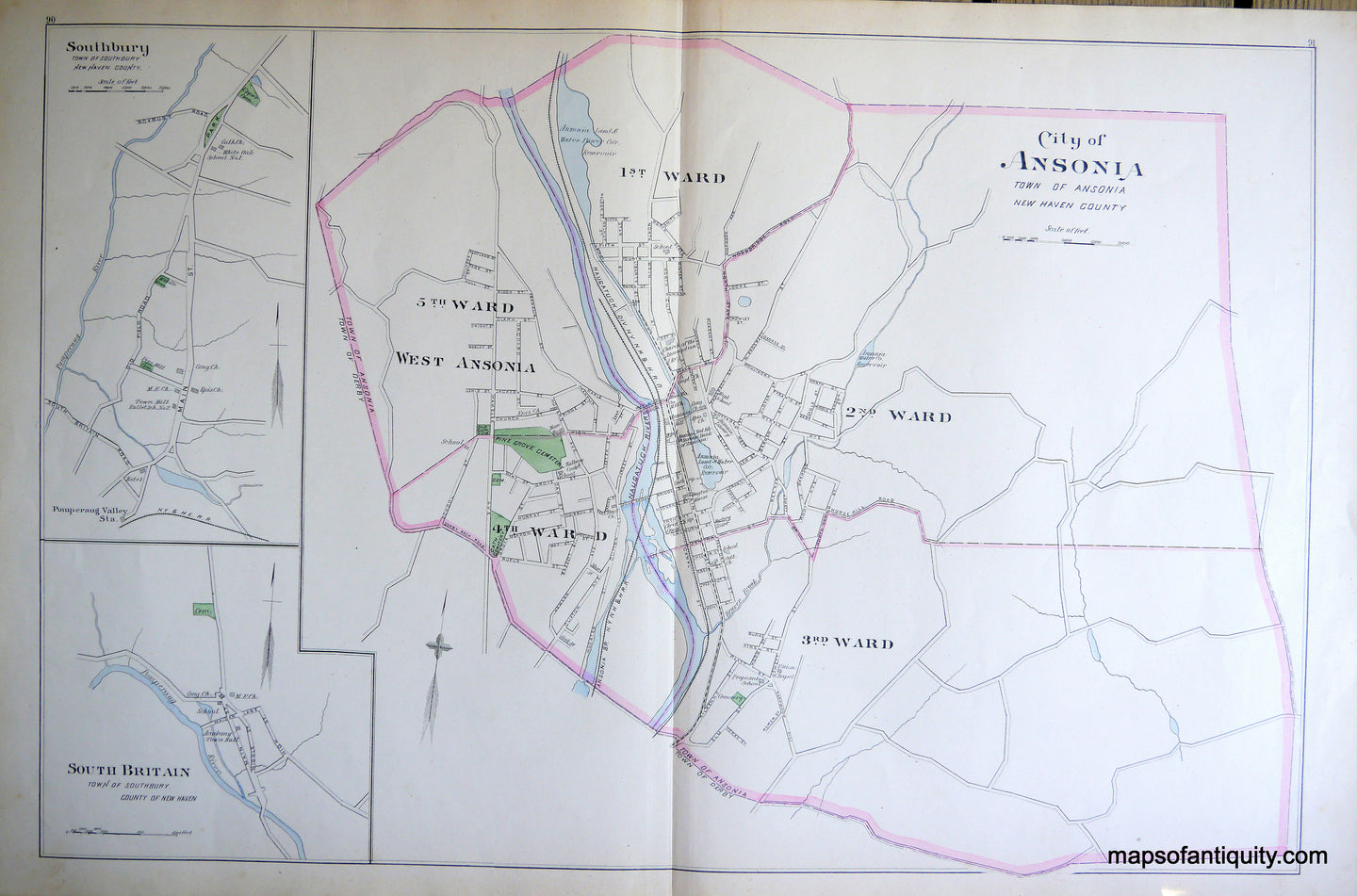 Antique-Hand-Colored-Map-City-of-Ansonia-verso-Guilford-Seymour-East-River-&-Madison-(CT)-Connecticut--1893-D.H.-Hurd-Maps-Of-Antiquity