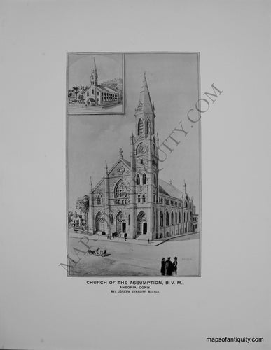 Antique-Black-and-White-Illustration-Church-of-the-Assumption-B.V.M.-Ansonia-Conn.-Rev.-Joseph-Synnott-Rector.-(CT)-Connecticut--1893-D.H.-Hurd-Maps-Of-Antiquity