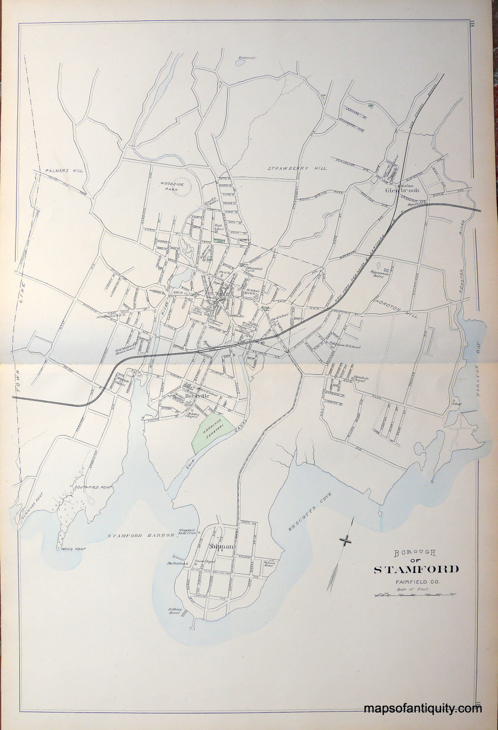 Antique-Hand-Colored-Map-Borough-of-Stamford-Fairfield-County-CT-Connecticut--1893-D.H.-Hurd-Maps-Of-Antiquity