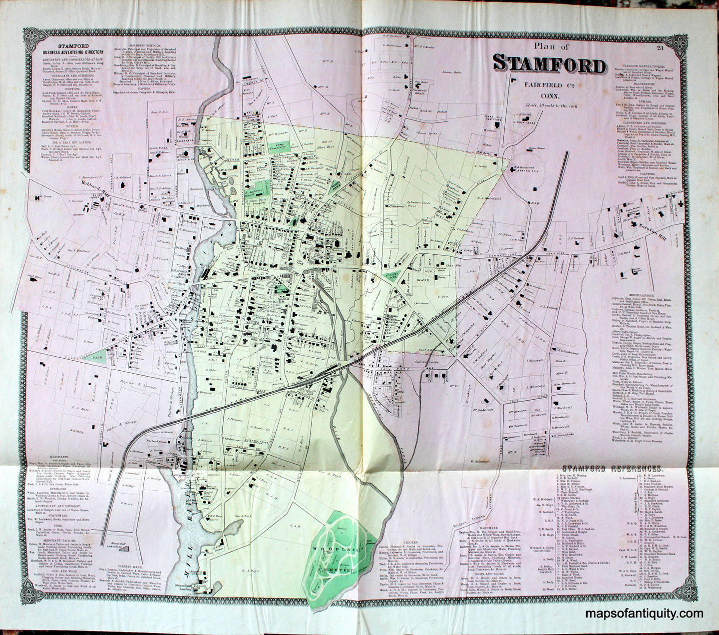 Antique-Hand-Colored-Map-Plan-of-Stamford-Fairfield-CT-United-States-Northeast-1872-Beers-Maps-Of-Antiquity