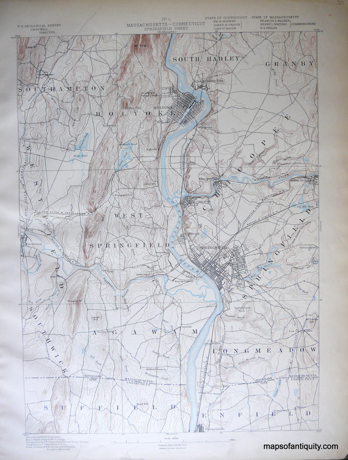 Connecticut-CT-Springfield-Massachusetts-sheet-antique-topographical-map-1890-1800s-19th-century