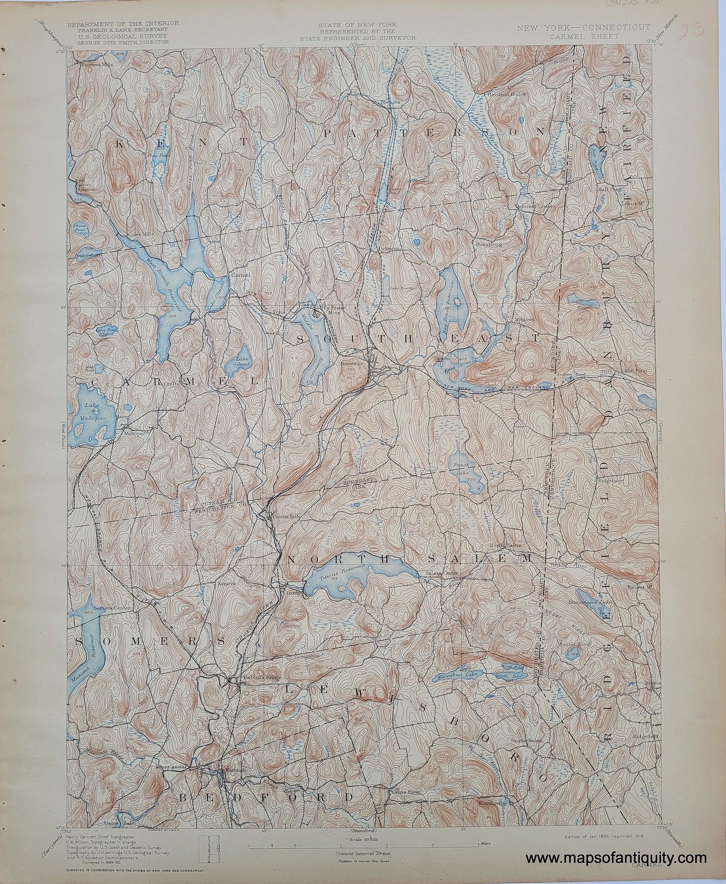 Antique-Topographical-Map-Topography-Connecticut-CT-Carmel-Sheet-USGS-United-States-Geological-Survey-Maps-of-Antiquity