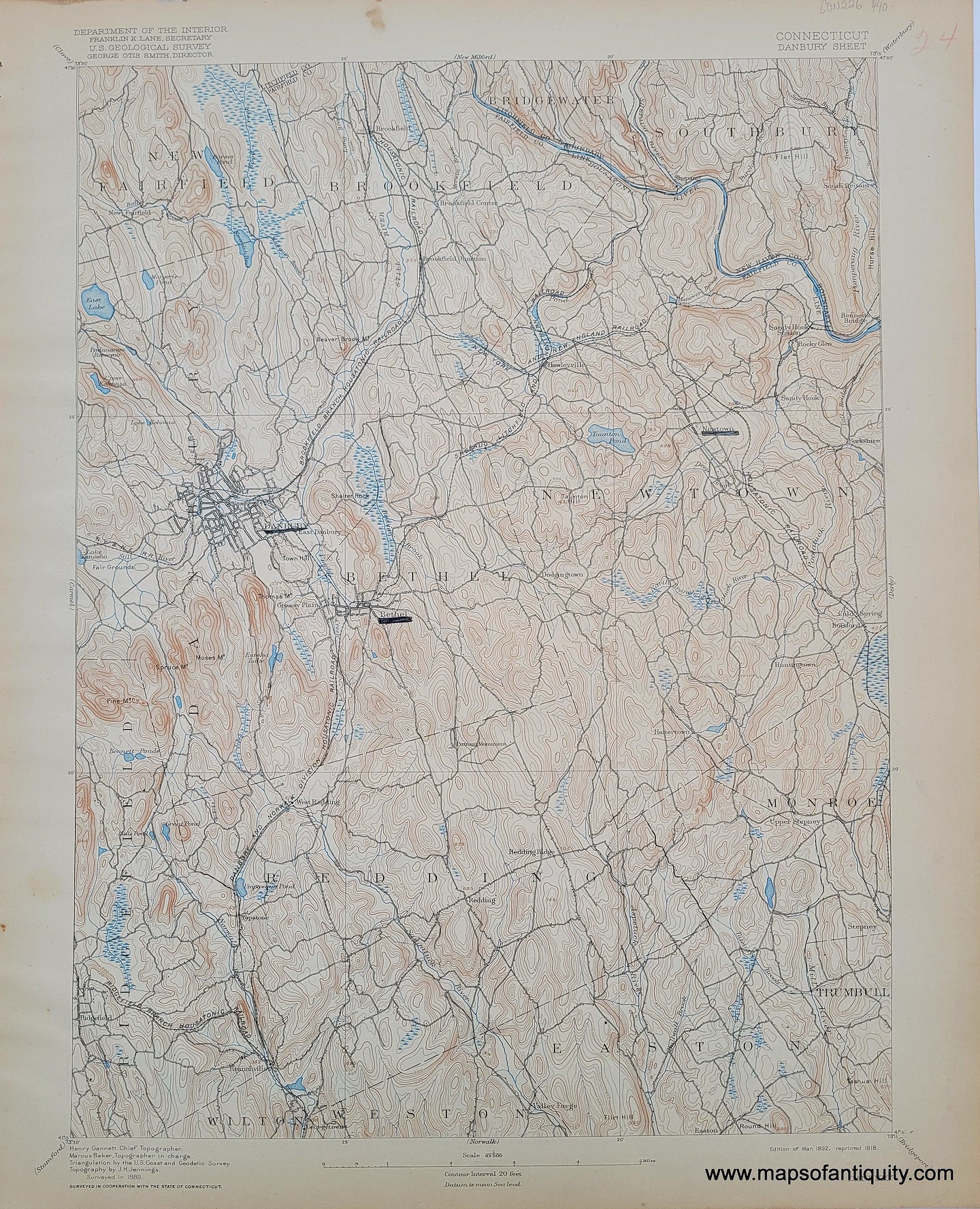Antique-Topographical-Map-Topography-Connecticut-CT-Danbury-Sheet-USGS-United-States-Geological-Survey-Maps-of-Antiquity