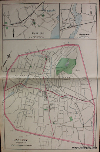 Antique-Hand-Colored-Map-City-of-Danbury-Fairfield-Saugatuck-verso-Westport-Sandy-Hook-&-Rocky-Glen-and-Ridgefield-Newtown-and-Darien-**********-Connecticut--1893-D.H.-Hurd-Maps-Of-Antiquity