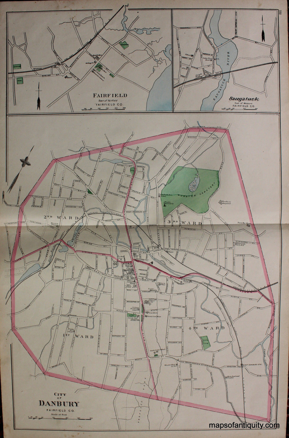 Antique-Hand-Colored-Map-City-of-Danbury-Fairfield-Saugatuck-verso-Westport-Sandy-Hook-&-Rocky-Glen-and-Ridgefield-Newtown-and-Darien-**********-Connecticut--1893-D.H.-Hurd-Maps-Of-Antiquity