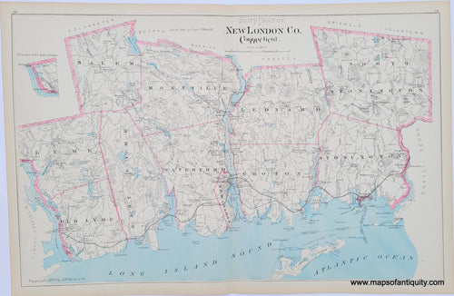 Antique-Hand-Colored-Map-South-Part-of-New-London-Co.-Connecticut-**********-Connecticut--1893-D.H.-Hurd-Maps-Of-Antiquity