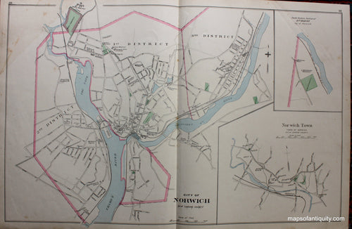 Antique-Hand-Colored-Map-City-of-Norwich-verso-Niantic-Jewett-City-Borough-of-Colchester-Baltic-Connecticut--1893-D.H.-Hurd-Maps-Of-Antiquity