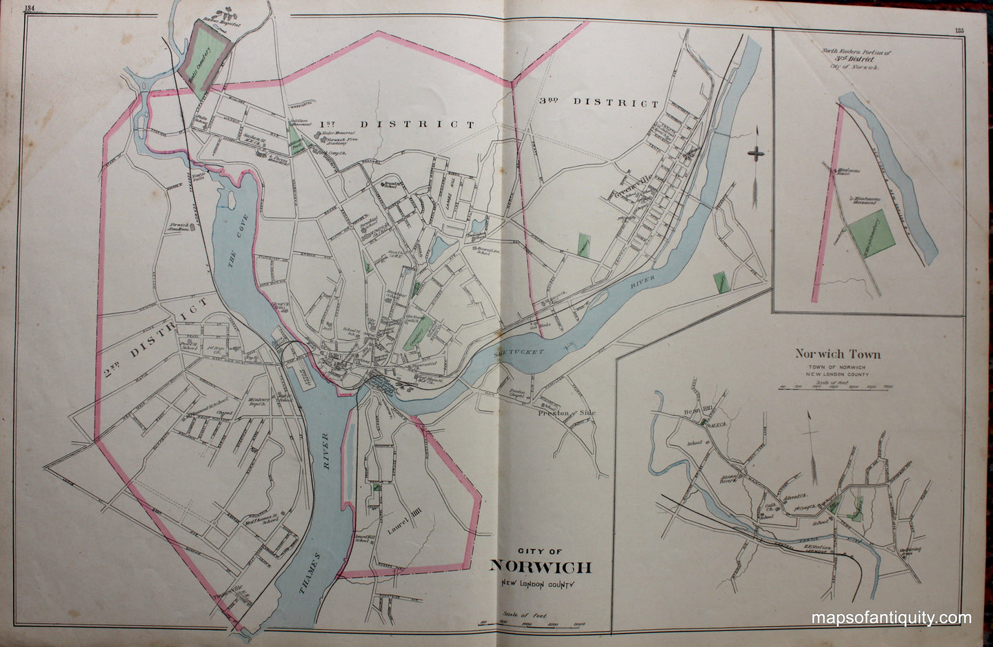 Antique-Hand-Colored-Map-City-of-Norwich-verso-Niantic-Jewett-City-Borough-of-Colchester-Baltic-Connecticut--1893-D.H.-Hurd-Maps-Of-Antiquity