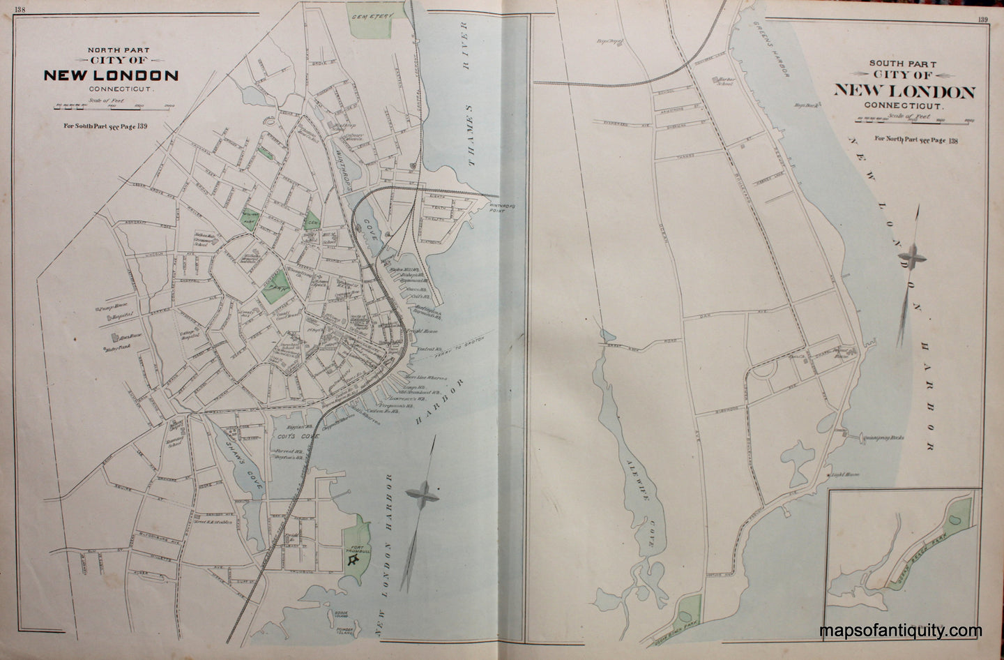 Antique-Hand-Colored-Map-City-of-New-London-Connecticut-North-and-South-Parts-verso-Mystic-West-Mystic-Eastern-Point-Taftville-Noank-Lyme-Clarksville-Pawcatuck-Connecticut--1893-D.H.-Hurd-Maps-Of-Antiquity