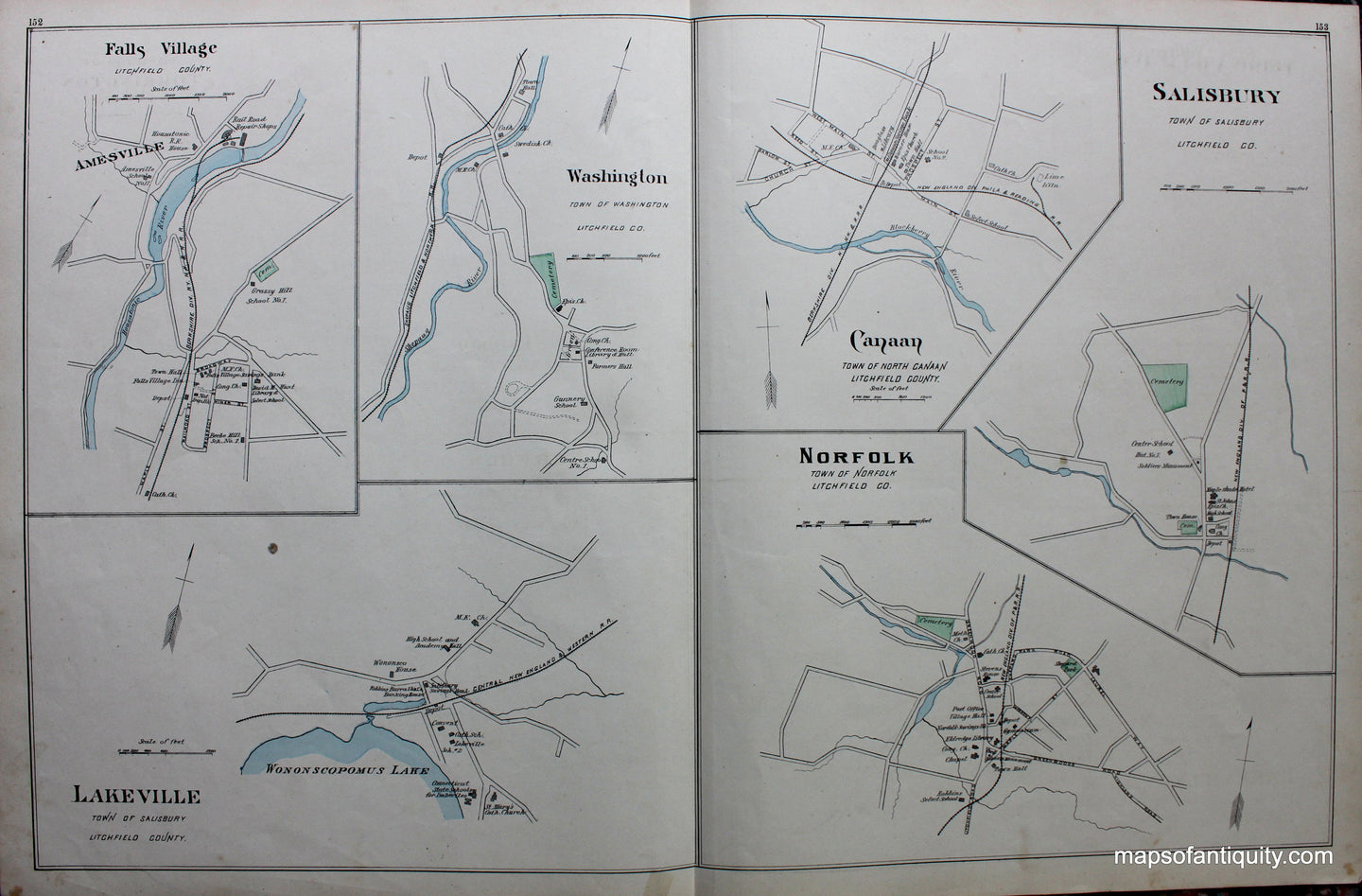 Antique-Hand-Colored-Map-Lakeville-Falls-Village-Washington-Canaan-Norfolk-Salisbury-verso-Torrington-Terryville-P.O.-Winsted.-Connecticut--1893-D.H.-Hurd-Maps-Of-Antiquity