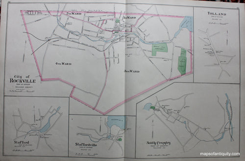 Antique-Hand-Colored-Map-City-of-Rockville-Connecticut-Tolland-South-Coventry-Staffordville-Stafford-verso-Stafford-Springs-Connecticut--1893-D.H.-Hurd-Maps-Of-Antiquity