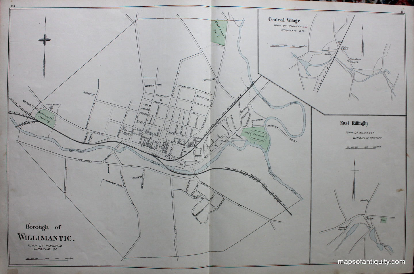 Antique-Hand-Colored-Map-Borough-of-Willimantic-Connecticut-Central-Village-East-Killingly-verso-Brooklyn-Windham-Center-Plainfield-Moosup-Dayville-Wauregan-South-Windham-Connecticut--1893-D.H.-Hurd-Maps-Of-Antiquity