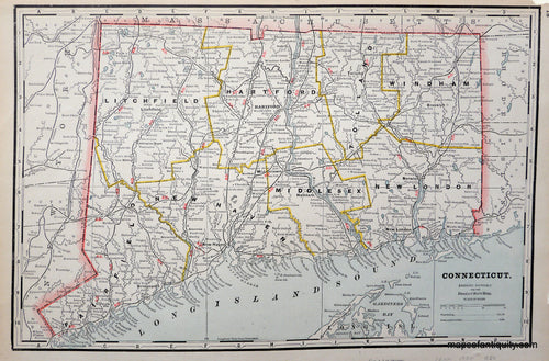 Printed-Color-Antique-Map-Connecticut-1888-Cram-Maps-Of-Antiquity