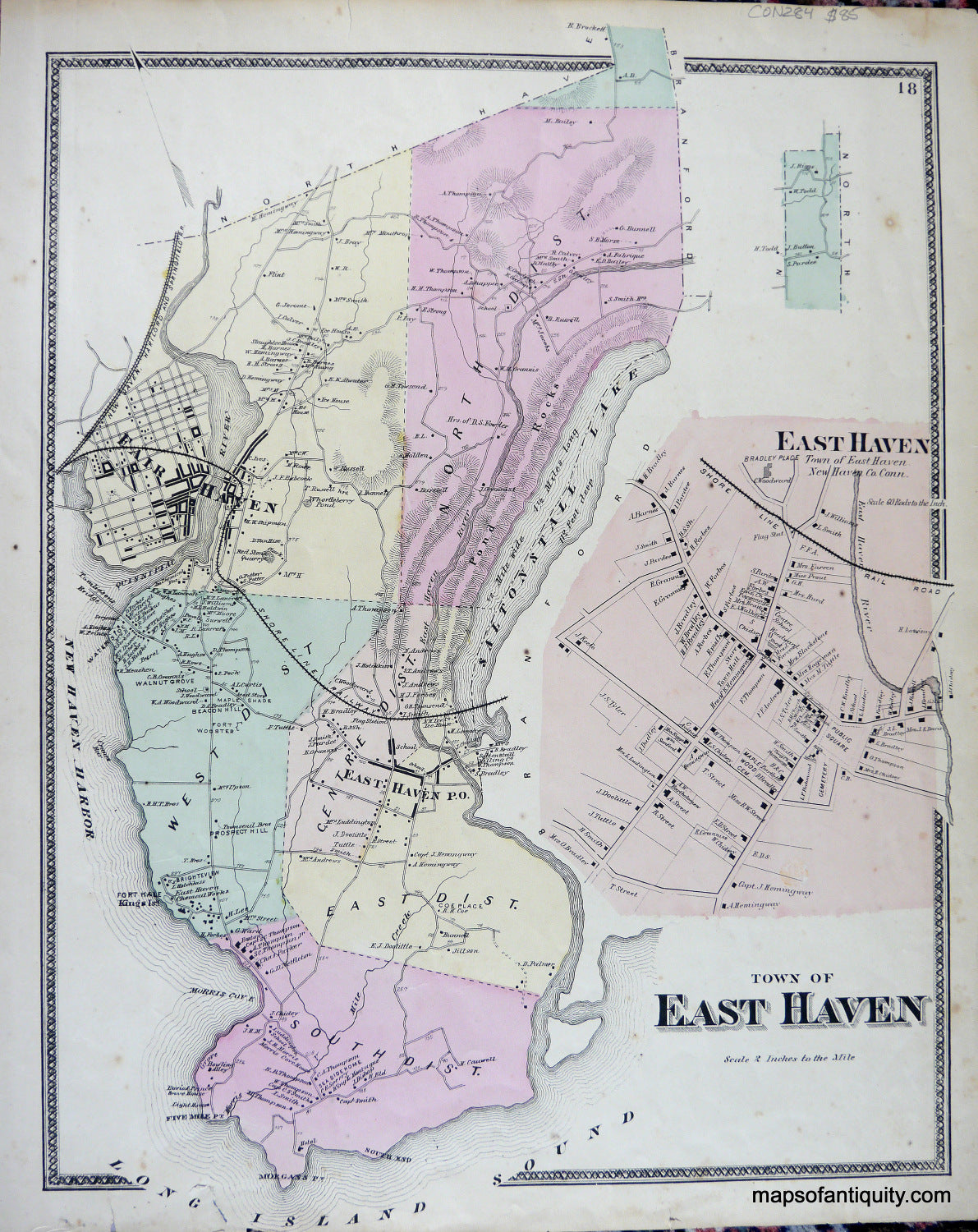 Antique-Hand-Colored-Map-Town-of-East-Haven-(CT)-United-States-Connecticut-1868-Beers-Maps-Of-Antiquity